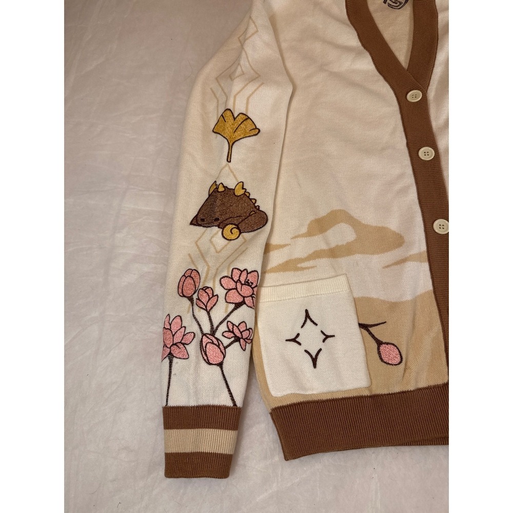 Genshin Impact flowers zhongli cotton embroidered Cardigan Cream Tan Medium - Picture 3 of 16